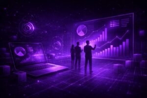 Futuristic business intelligence dashboard with data charts, analytics graphs and professionals analyzing performance in a digital environment