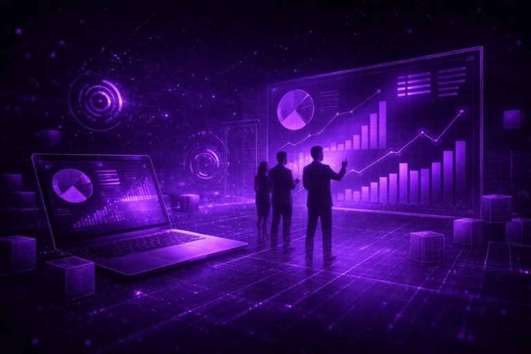 Futuristic business intelligence dashboard with data charts, analytics graphs and professionals analyzing performance in a digital environment